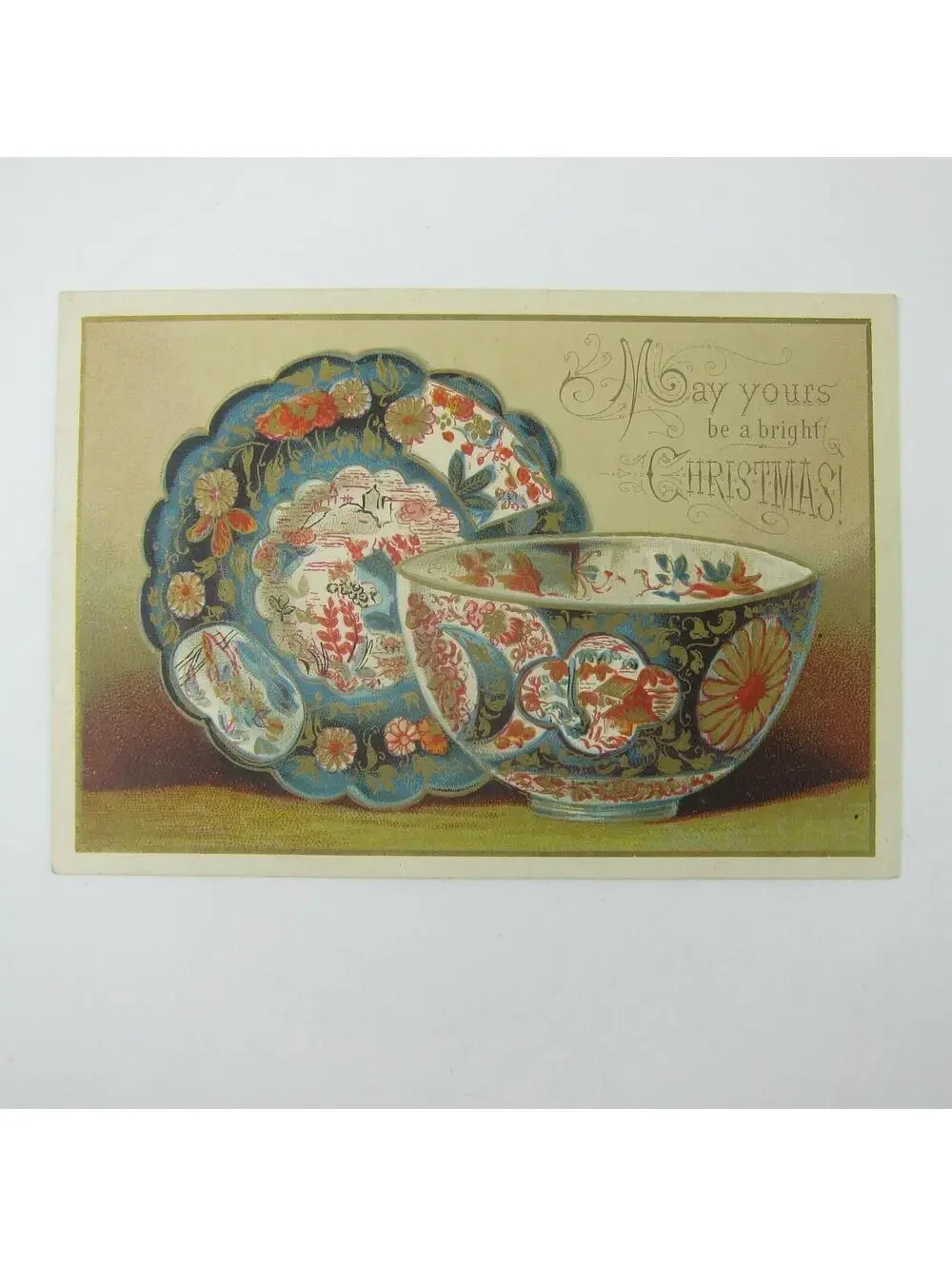 Victorian Christmas Card Dishes Plate & Bowl Blue Red Gold & White Antique